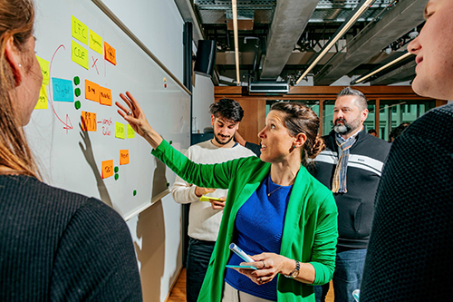 Eine Frau steht inmitten einer Gruppe und zeigt auf eine Tafel, an der mehrere Postits und Pfeile sind