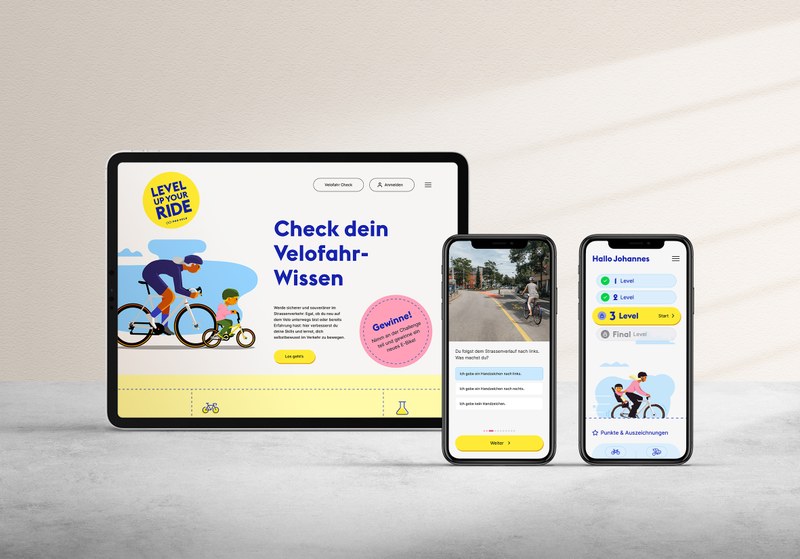 Screenshots des digitalen Velotraininigs auf einem Desktop und zwei Handys.