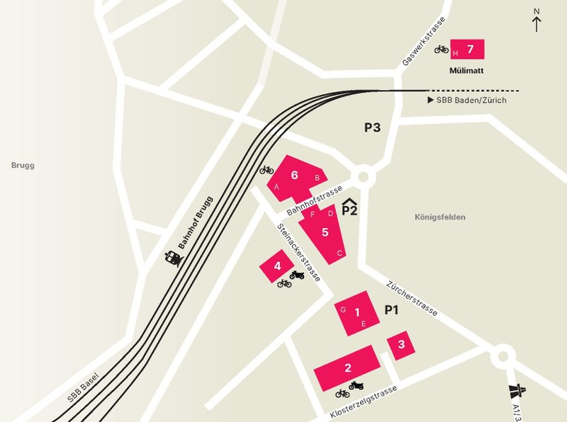 Der Plan zeigt die FHNW Gebäude auf dem Campus-Gelände. Sie sind direkt am Bahnhof Brugg, Ausgang Windisch