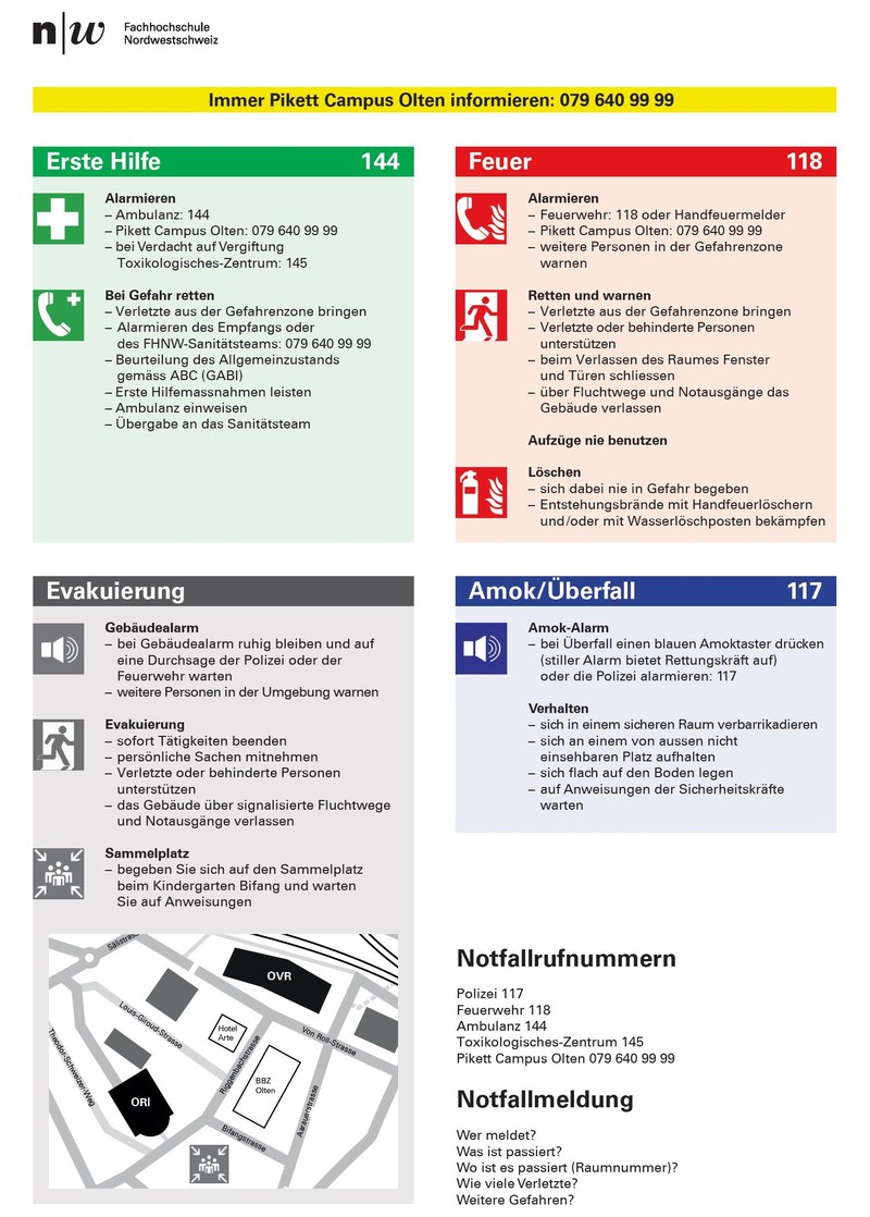 Flyer mit Notfall-Verhaltensanweisungen für Erste Hilfe, Feuer, Evakuierung und Amok