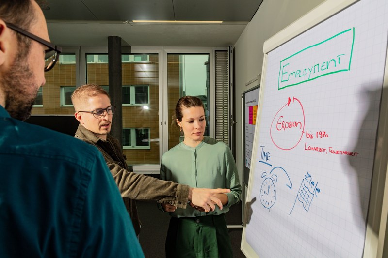 Zwei Männer und eine Frau stehen um ein Flipchart. Ein Mann zeigt auf das Flipchart, auf dem eine Uhr aufgemalt ist. Es geht um das Thema Arbeitszeit und Arbeitspsychologie