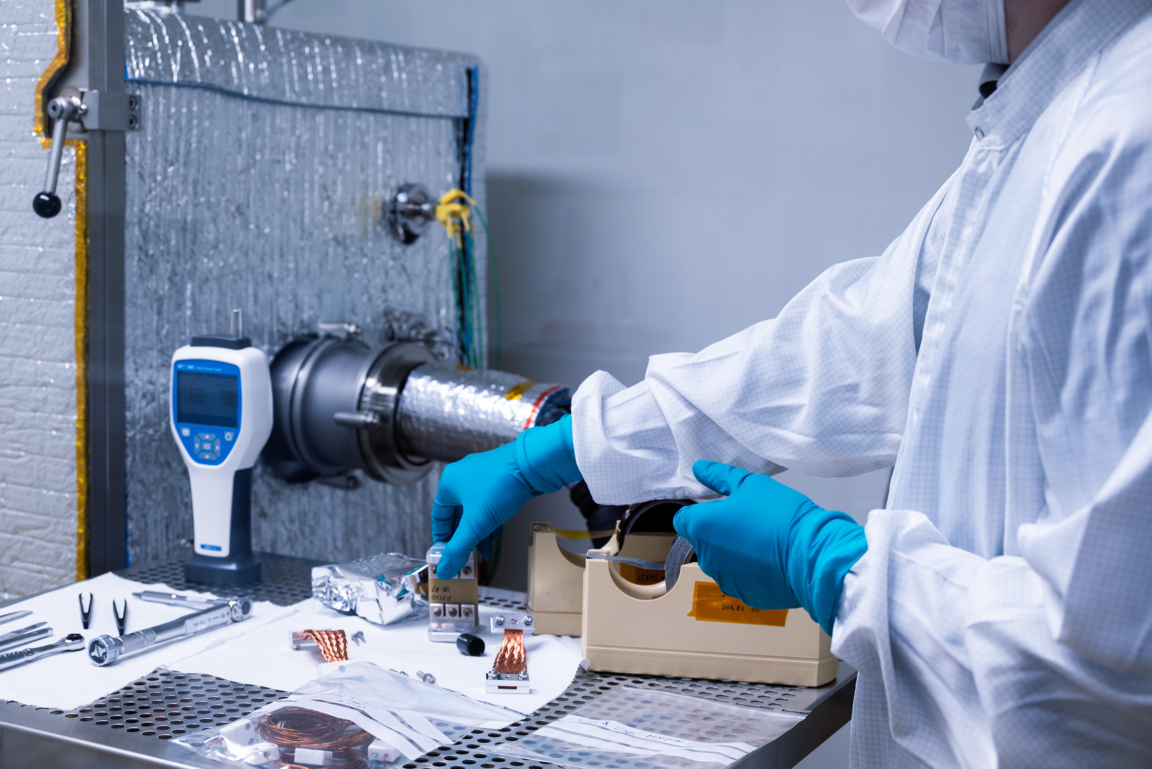 Preparation of space components for functional testing in the thermal vacuum chamber (ESA mission SMILE-SXI).